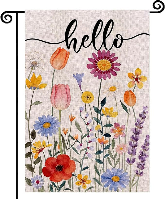 Hello Spring Floral Garden Flag 12x18 Inch Double Sided, Colorful Floral Summer Farmhouse Holiday Yard Outdoor Decorative Flag for Outesid