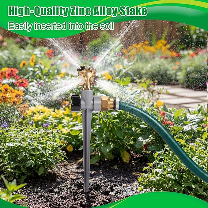 Tioncy 4 Pack Metal Lawn Sprinkler with Brass Nozzle, Heavy Duty Garden Spike Sprinkler Automatic Irrigation Tool for Lawn Garden Yard Greenhouse(Multi Nozzle,Silver)