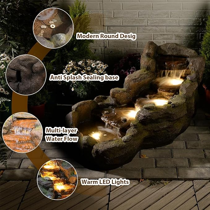 Sunlinua 42" L Outdoor Water Fountain with 3 Tiers Cascading Realistic Tree Trunk Waterfall Fountains with LED Lights Outdoor Water Fountain for Garden Patio Backyard Porch Home Decor
