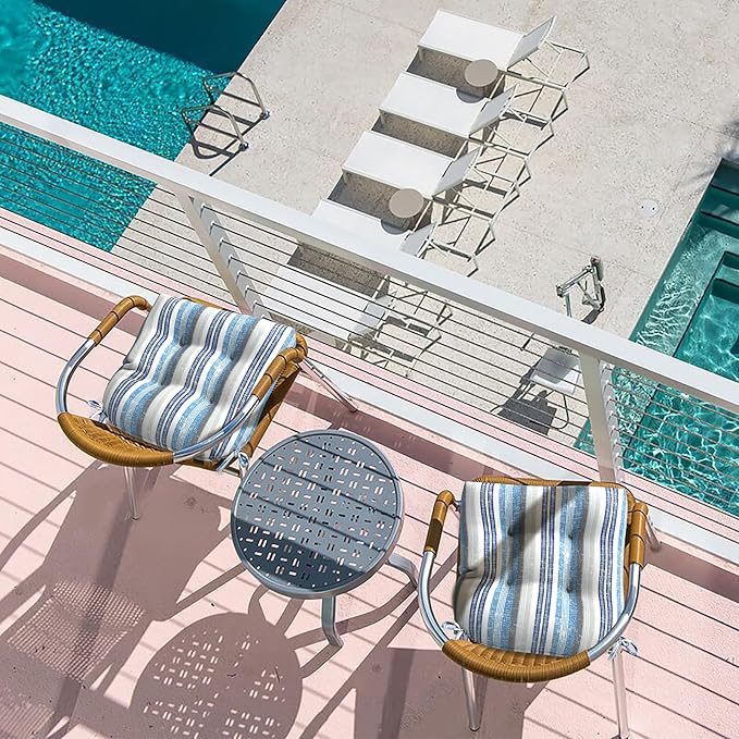 LVTXIII Patio U-Shaped Wicker Seat Cushion, Outdoor Tufted Chair Pads Decorative Seat Cushion Set for Garden Home Office Furniture Ornament, 19”x19”x4”, Pack of 2, Stripe Layered Blue