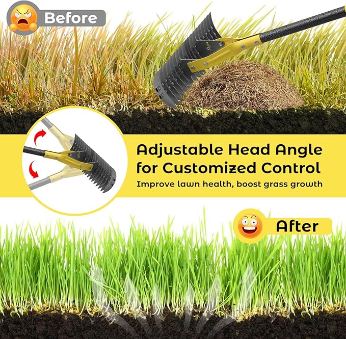 Thatch Rake,55 Inch Garden Thatching Rake for Grass Removal, 15 Inch Wide Heavy Duty 19 Teeth Steel Metal Garden Leaf Rakes,Landscaping Raking Garden Tools for Lawn Care Loosening Leveling Soil Mulch