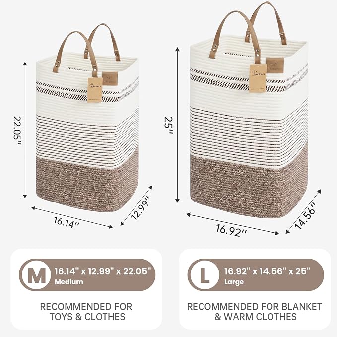 danpinera 100L Nursery Hamper, Tall Woven Laundry Basket with Long Leather Handles, Boho Laundry Hamper for Living Room, Eco-friendly & Convenient Decorative Storage Basket, White & Dark Brown