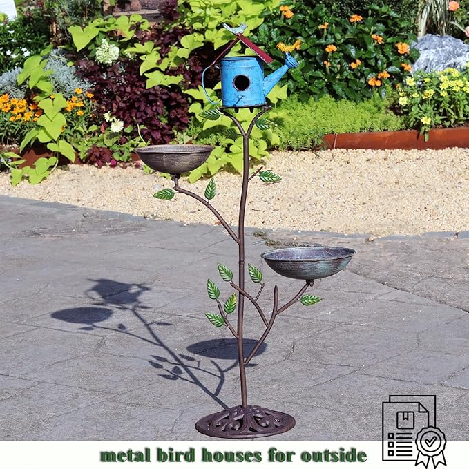Metal Birdhouse Outdoor, Birdhouse Pole – Integrates Bird Feeder and Bird Bath, 3-in-1 Multi-Functional for Yard Decorations Outdoor, Cast Iron Base