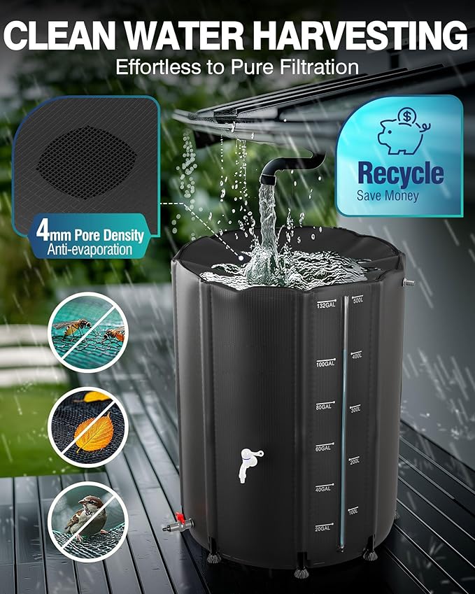 PYY Rain Water Collection Barrel 132 Gallon- Black Water Storage Tank with Spigot, Hose and Portable Bucket, Large Plastic Collapsible Rain Catcher Catchment System to Collect Rainwater from Gutter