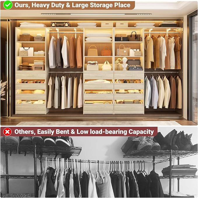 Aheaplus Closet System Set of 3, 138.5" Wood Closet Organizer System Tower with 12 Drawers & 4 Hanging Rods, 6.7+4.85Ft L Shaped Walk-in Closets Wardrobe Organizer Garment Rack with Shelf, White Oak3