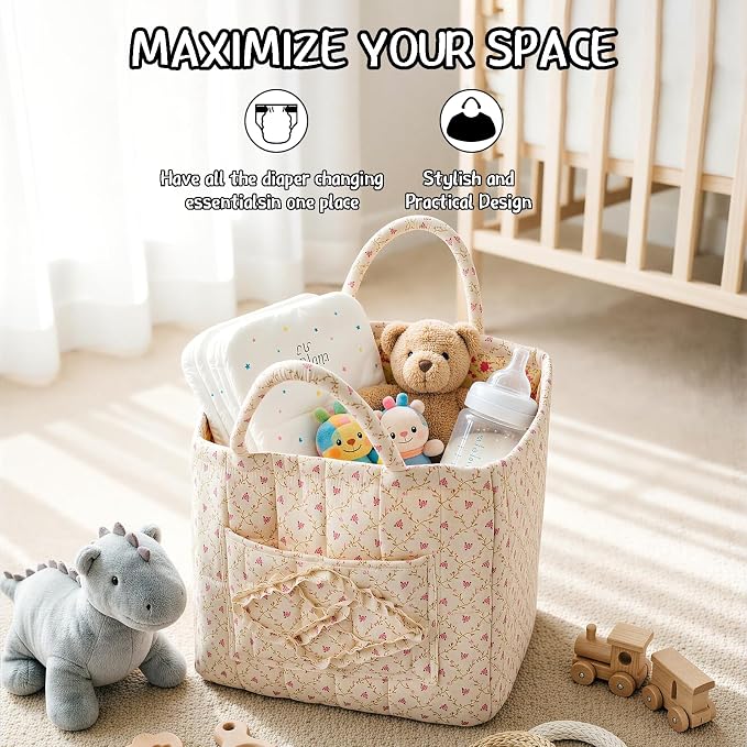 Quilted Fabric Car Storage Basket with Handles & Pocket, Foldable Laundry Hamper Boho Floral Print Organizer Bin for Home, Picnic, Office Nursery Cloth Toy 12"x10"x10" (Style B)