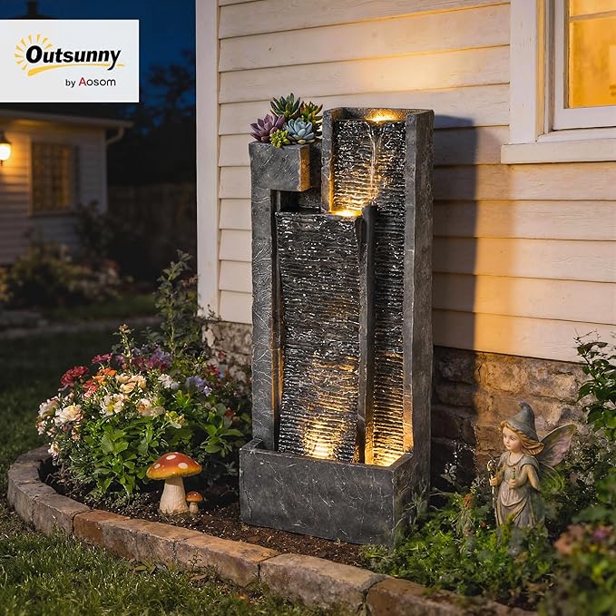 Outsunny 40" Tall Outdoor Waterfall Fountain with LED Lights and Planter, 3-Tier Cascading Waterfall Feature with Pump, Resin Freestanding Garden Fountain for Patio Balcony Garden, Dark Gray