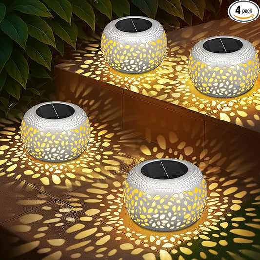 Solar Lanterns Outdoor Waterproof: 4 Pack White Hollow Out Metal Solar Lights - 2 Lighting Colors Outside Patio Garden Yard Porch Indoor Tabletop Decorations - Unique Gifts for Women Mom Wife