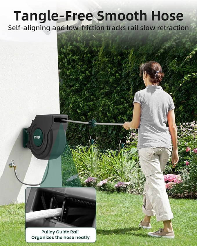 AYURA Retractable Garden Hose Reel 100 ft x 1/2 inch with Pro Metal Shaft, Heavy Duty Automatic Garden Hose Reels with Kink-Free Rewind and Lock at Any Length (Green, 50FT)