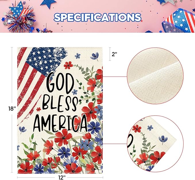 AVOIN colorlife 4th of July Patriotic Memorial Day Garden Flag 12x18 Inch Double Sided Outside, American Stars and Stripes God Bless America Floral Yard Outdoor Decoration