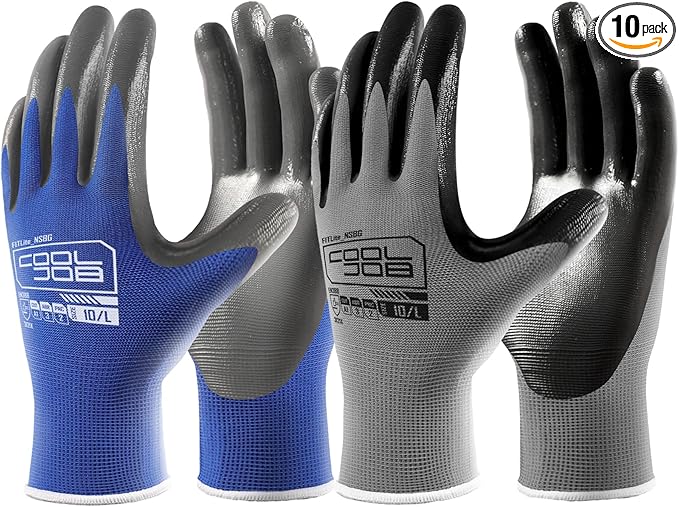 COOLJOB 10 Pairs Nitrile Dipped Safety Work Gloves with Grip, Non-slip Rubber Coated Bulk Garden Gloves for Men, Heavy-duty Oil Resistant for Truck Driver, Warehouse Box Handler, Small, Gray Blue