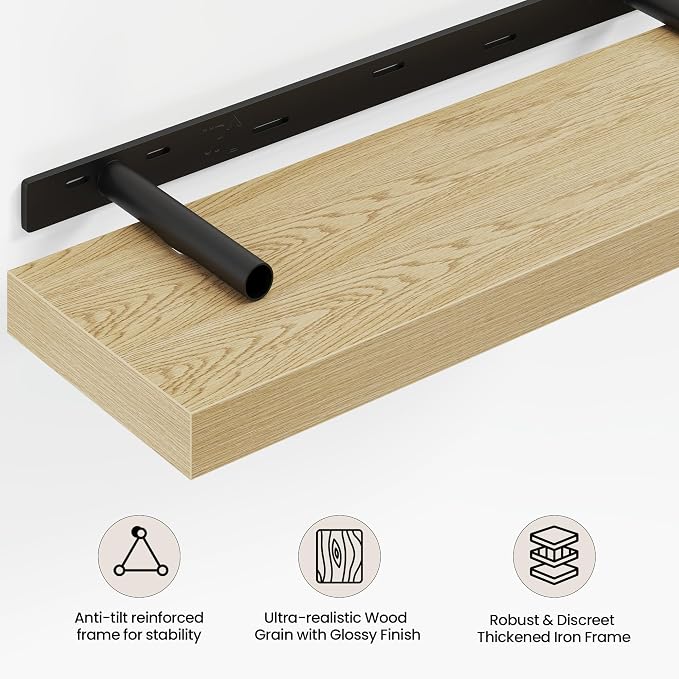 Vivelove 40 Inch Floating Shelves Wall Mounted for Display, 6.5 Deep Duty Shelves with Invisible Brackets for Living Room,Bedroom,Kitchen, Bathroom Storage & Decor,40" Wx6.5 Dx1.4 H - Oak