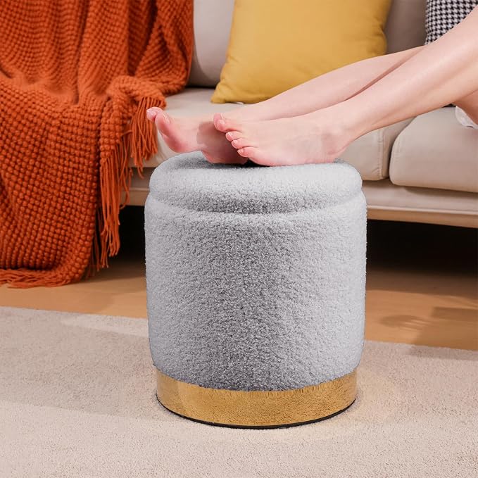 Round Ottoman with Storage Set of 2 Gray Teddy Vanity Stool