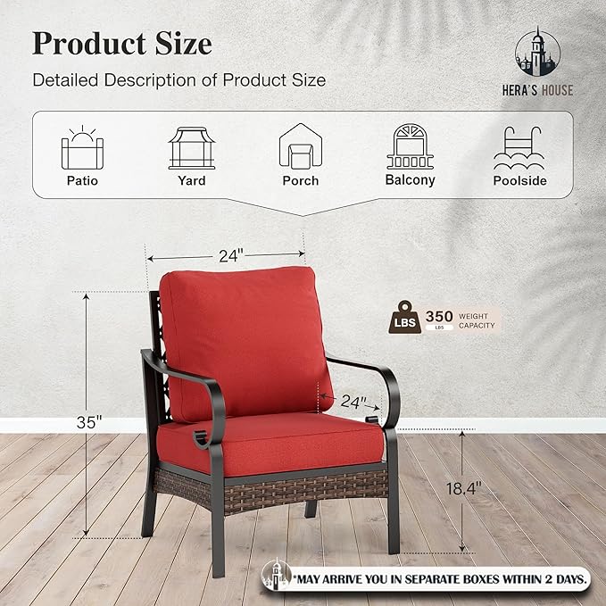 HERA'S HOUSE Patio Chairs Set of 2, High Back Outdoor Dining Chairs with Thick Cushions, All Weather Metal Frame Furniture for Garden, Backyard, Deck, Red
