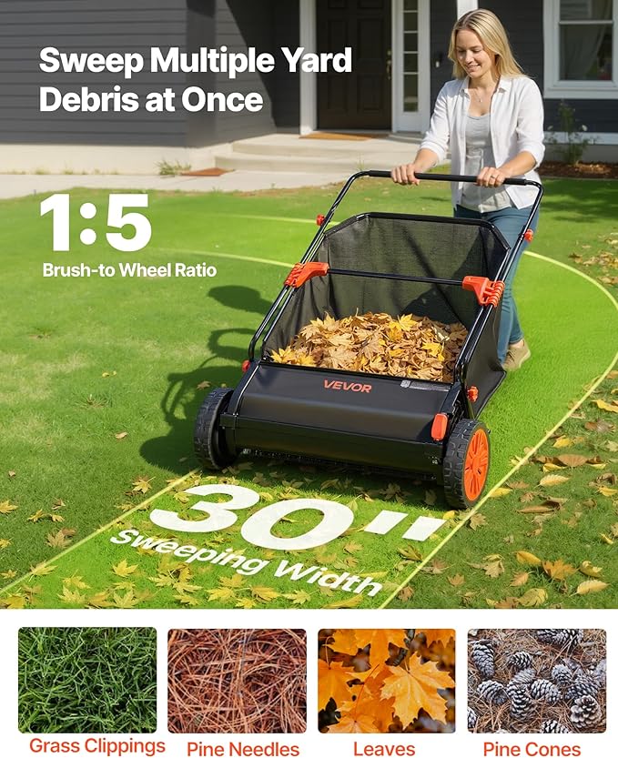 VEVOR Push Lawn Sweeper, 30 in Leaf & Grass Collector with 12 cu. ft. Hopper Bag, Adjustable Brush Height & Spinning Brushes, Heavy Duty Yard Sweeper with Rubber Wheels for Leaves Grass Cleanup