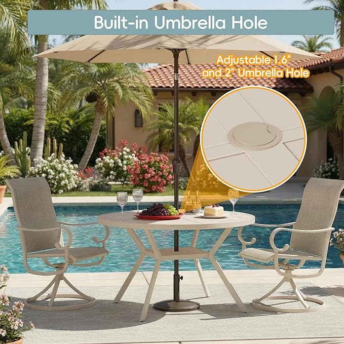 47" Outdoor Patio Table Dining Table, All Weather Metal Round Patio Table with Adjustable Umbrella Hole, Patio Furniture for Lawn Garden Backyard, Sandshell