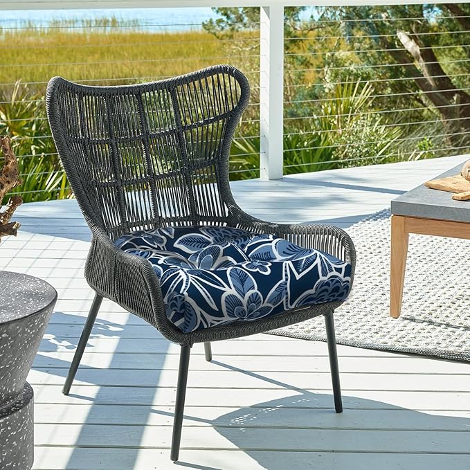 DYTXIII Set of 2 Outdoor Chair Cushions 19"x19"x4", Water Repellent Tufted Patio Seat Cushions with Ties, Thick Replacement Pads for Wicker Dining Chairs, Patio Furniture, Flower Navy