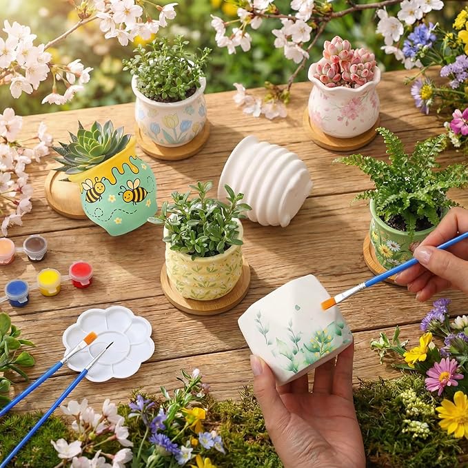 Leitee Flower Pots 3 Inch Paint Your Own Ceramic Pot Craft Kit Ready-to-Paint Small Succulent Pots Bulk with Drainage Hole Paint Set Mini Paintable Plant Vase for Spring Birthday DIY Gift(15pcs)