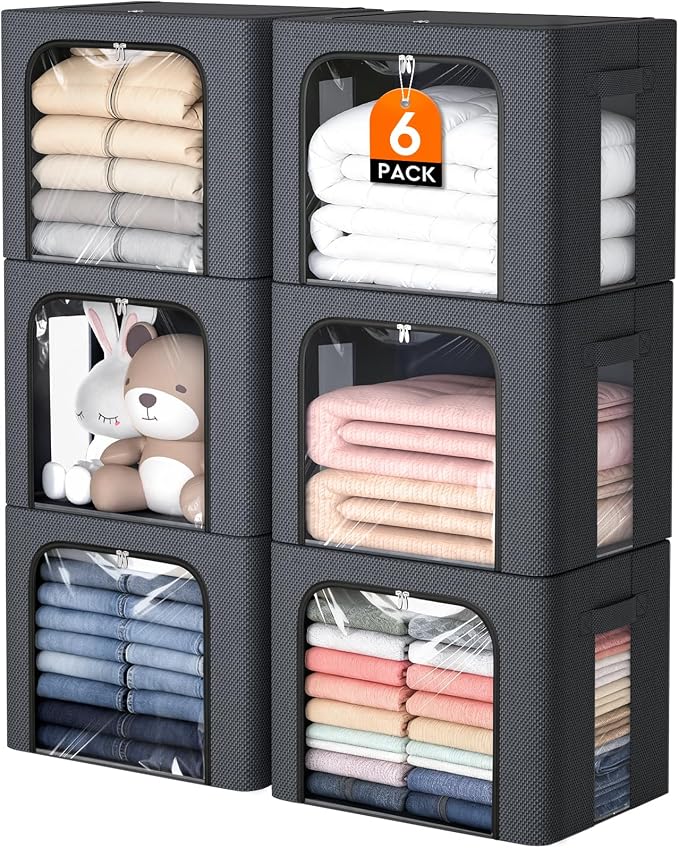 6 Pack Clothes Storage Bins with Metal Frame,40L Storage Bags Fabric Box Organizer with Clear Window,Zippers,Sturdy Handles(6 Pcs,Light Grey,40L)