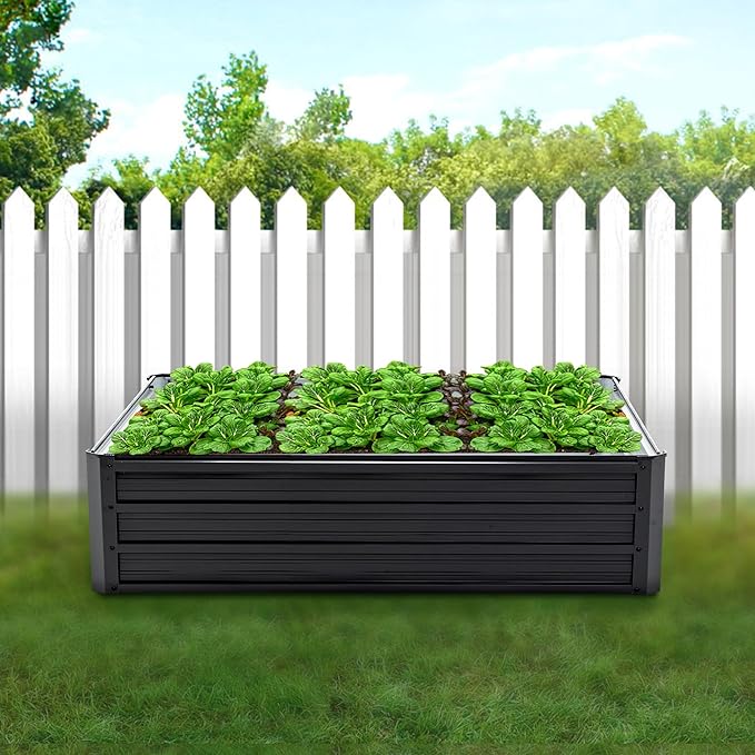 Thanaddo Galvanized Raised Garden Bed 4x3x1ft Outdoor Planter Box Galvanized Steel Garden Bed Kit for Vegetables, Flowers, Herbs and Succulents Black