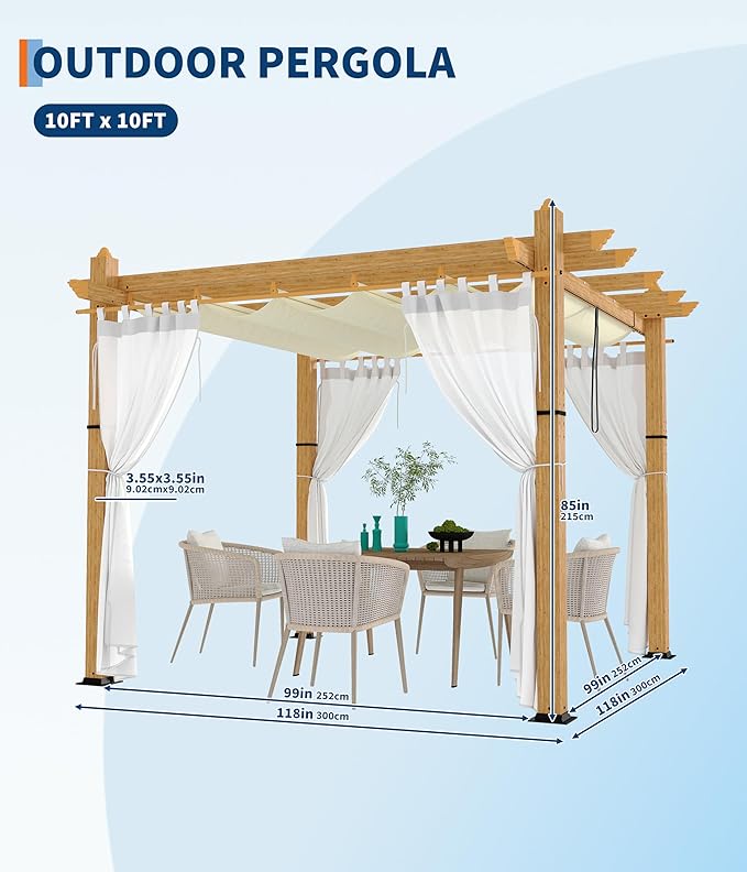 GarveeLife 10 x 10 ft Wood-Grain Aluminum Pergola Outdoor Pergola with Canopy Shelter Sun Shade for Backyard Garden Patio Deck - Beige with Netting