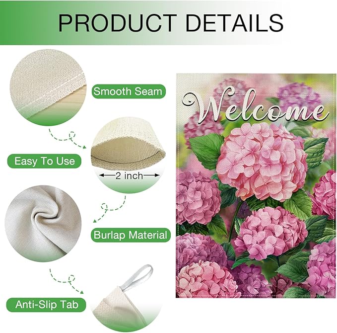 Hzppyz Welcome Spring Summer Hydrangea House Flag Double Sided, Pink Floral Flower Decorative Garden Yard Outdoor Large Decor, Seasonal Burlap Home Outside Decoration 28 x 40