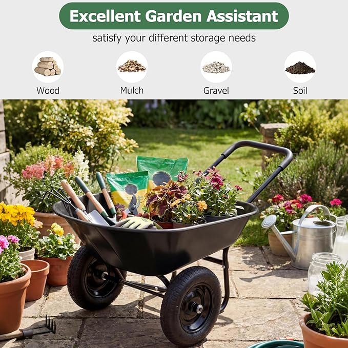 ERGOMASTER Dual-Wheel Wheelbarrow, Home Utility Garden Cart, 330 LBS Capacity, Large Heavy Duty Yard Cart for Gardening & Planting, Lawn, Farm, Construction Site, Black