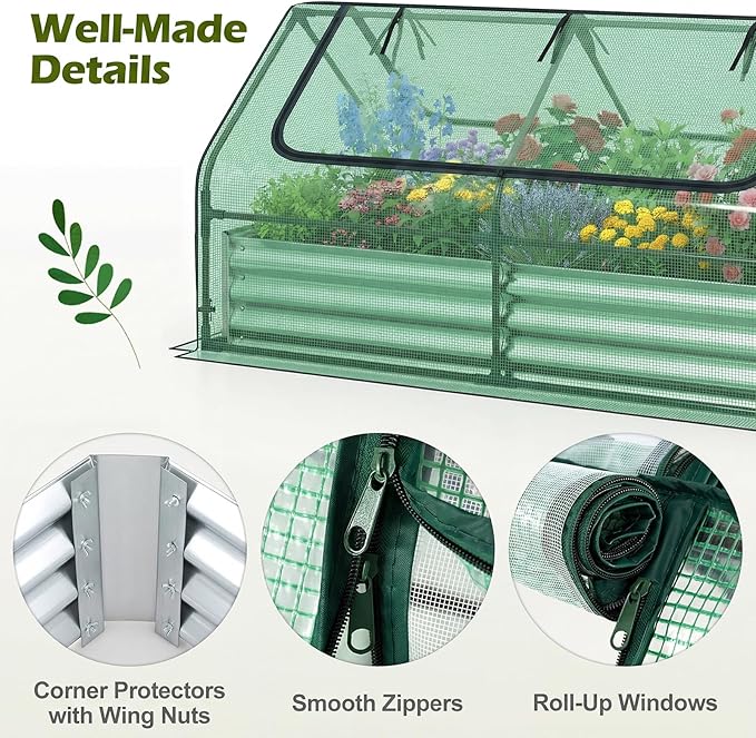 SAFSTAR Raised Garden Bed with Cover, 6FT x 3FT x 3FT Galvanized Bottomless Garden Bed with Greenhouse, Dual 2-Tier Roll-Up Windows, Outdoor Metal Planter Box Kit with Cover (Green)