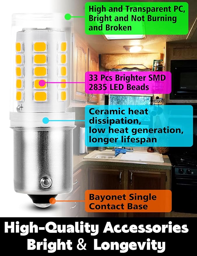 12-24V BA15S Led Bulb, 5 Watt 500LM Landscape Light Bulbs, 2700K Warm White, 1156 1141 1003 S8 SC Bayonet Single Contact Base for Landscape Lighting RV Camper Marine Boat Trailer Lights, 10 Pack