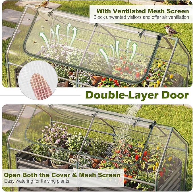 S AFSTAR 3-in-1 Raised Garden Bed with Greenhouse Cover, 6FT x 3FT x 4FT Galvanized Bottomless Planter Box Kit with Dual Roll-Up Screen Windows, Outdoor Mini Greenhouse for Vegetables (Black & Clear)