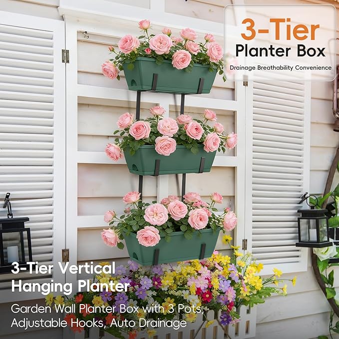 OYEAL 3-Tier Railing Planter Box Deck Railing Hanging Flower Pots Window Box Planter with Adjustable Brackets & Rectangular Flower Pots for Garden Fence, Patio, Balcony Decor Green