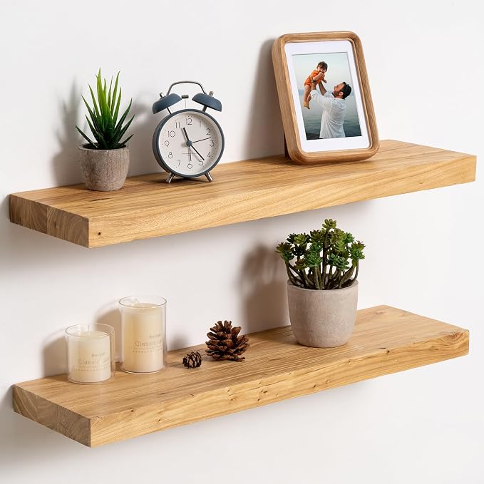fuqing Floating Shelves for Wall, 24 Inch Rustic Solid Elm Wood Shelves