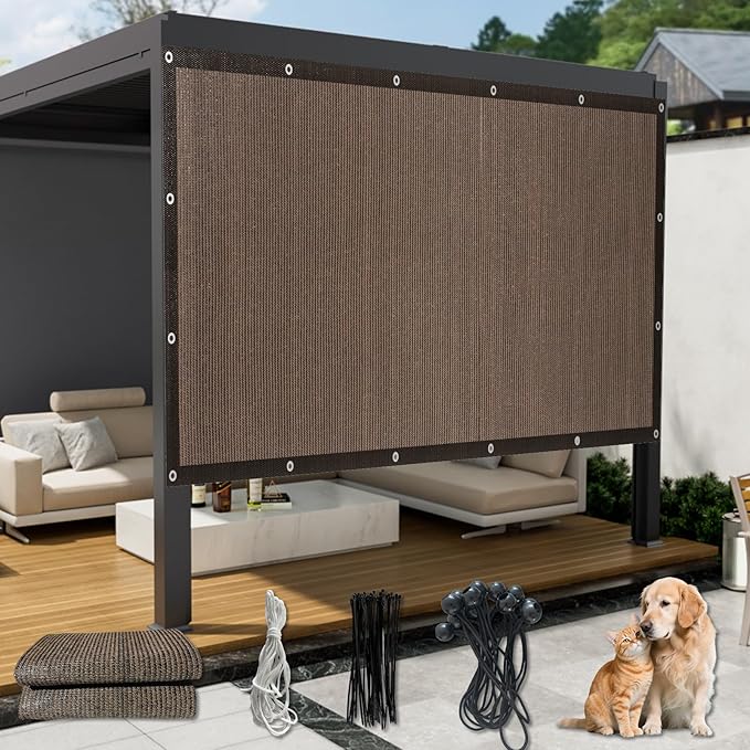 8'x 10' Sun Shade Cloth with Bungee Balls, Mocha Outdoor Pergola Shade Cover with Grommets, 90% UV Block Privacy Screen for Patio, Garden, Backyard