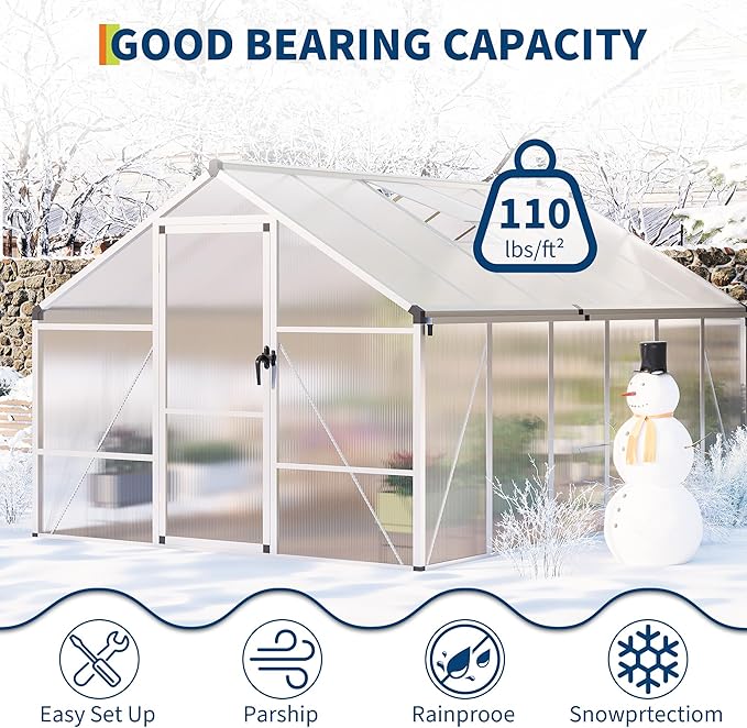 Garvee 8 x 12 ft Greenhouse, Greenhouses for Outside, Polycarbonate Greenhouse with Aluminum Frame, Lockable Door and Ajustable Roof Vent for Backyard, Green Houses for Outside Garden Backyard, Patio