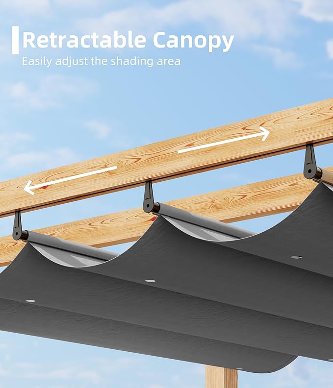 10' X 13' Outdoor Pergola with Retractable Canopy Aluminum Pergola Faux Wood Metal Pergolas Gazebo for Backyard, Deck, Patio, Garden Porch Beach Sun Shade Pavilion Grape Trellis Grill, Gray