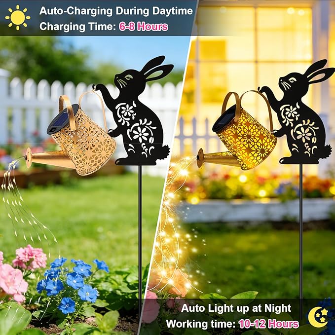VOOKRY Solar Watering Can Lights Outdoor with Bunny Silhouette Stake, Garden Gifts for Mom, Women & Garden Lovers Waterproof Metal Garden Lantern, Decorative Yard Patio Lawn Pathway Decor(1 Pack)