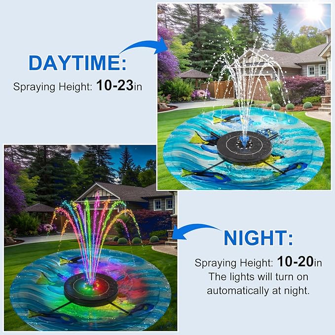 SEIRMEP Solar Fountain Pump with 3 Spray Height Adjustments, Upgraded Glass Solar Bird Bath Fountains with LED Lights,6 Nozzles,Outdoor Solar Water Fountain for Bird Bath, Garden, Pool, Pond (Blue)