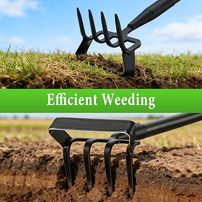 Garden Hoe, Heavy Duty Hula Hoe Garden Tool for Weeding, Adjustable Handle 37-82 Inch Cultivator Stirrup Hoe, Action Scuffle Loop Hoe with Rake 2-in-1 Gardening Tool