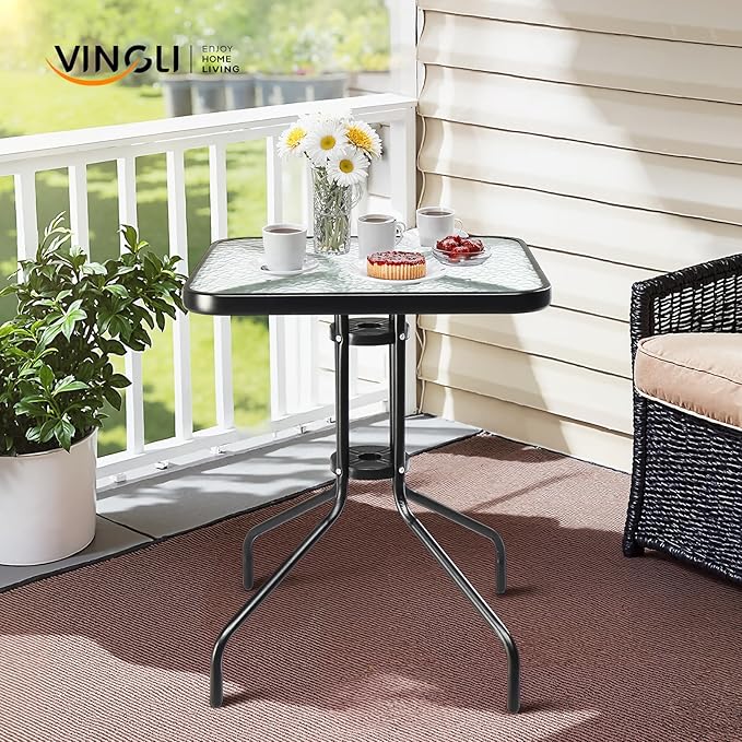 VINGLI Outdoor Bistro Table, 24" Patio Table Steel Frame Tempered Glass Top, Dining Tables for Balcony Garden Poolside (24'' Square)