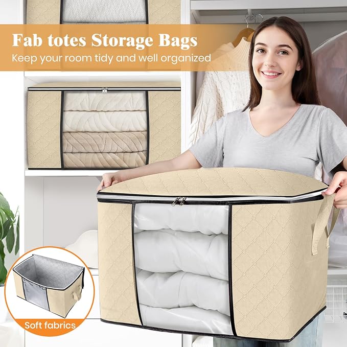 Fab totes 90L Clothes Storage, Foldable Thick Fabric Blanket Storage Bags