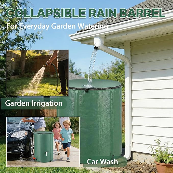 50 Gallon Collapsible Rain Barrel, Rainwater Collection Barrel with Drain Valve, Overflow Outlet and Mesh Cover, Foldable Water Storage Tank for Gutter Downspout, Garden Watering
