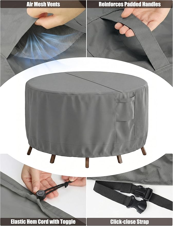 Vailge Patio Furniture Covers Round, Outdoor Furniture Covers Waterproof Windproof, 600D Oxford Outdoor Patio Table and Chair Cover (Grey, 96"DIAx28"H)