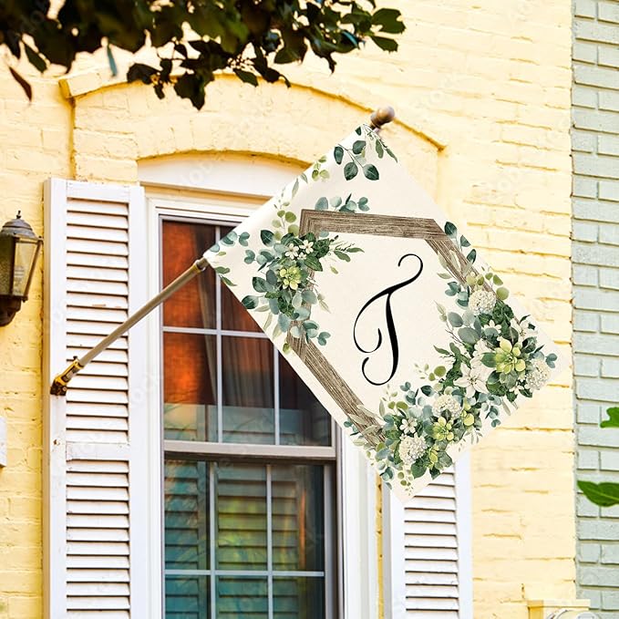 AVOIN colorlife Initial Letter T Monogram House Flag 28x40 Inch Double Sided Outside, Spring Floral Family Last Name Yard Decoration