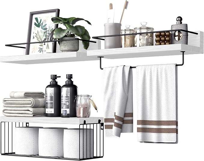 PopiShelves Bathroom Shelves Over Toilet for Wall, Floating Shelves with Storage Basket Paper Holer for Kitchen Living Room, Bedroom & Classroom, Set of 3 (White and Black)