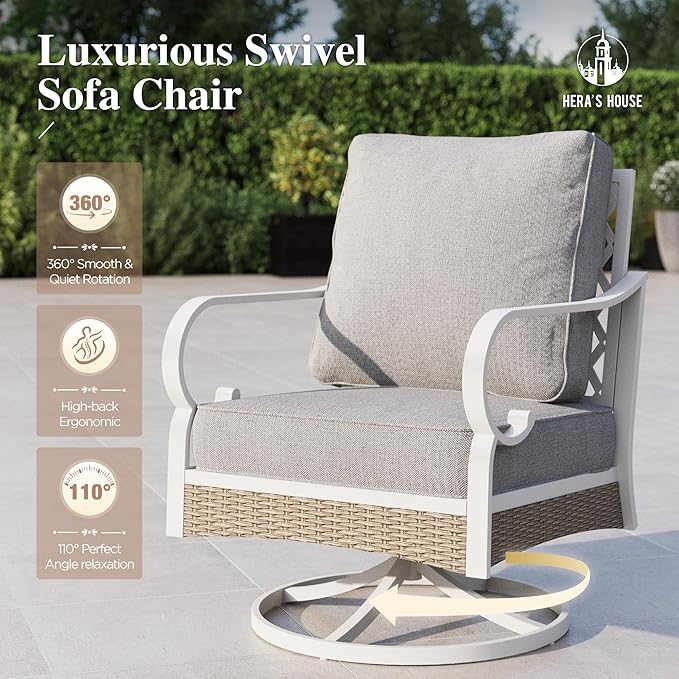 HERA'S HOUSE Swivel Outdoor Patio Chairs Set of 2 with Cushions, High Back Metal Frame, All Weather Garden Furniture for Lawn, Backyard, Deck, Grey