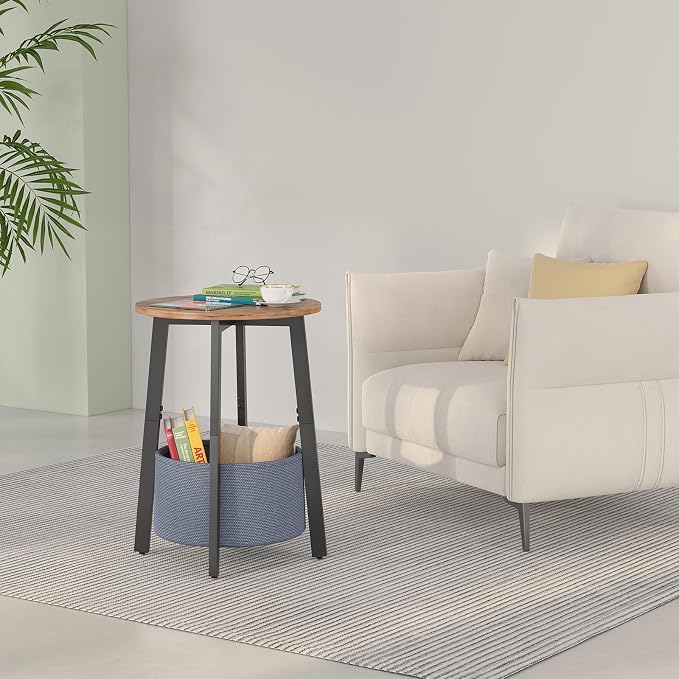 sthmec Small Round Side End Table Set of 2 with Cloth Storage Basket, Round Bedside Sofa Couch Coffee Tables for Small Places with Metal Frame, Modern Nighstands for Living Room Bedroom,Rustic Brown
