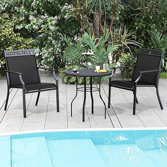 Giantex Patio Chairs Set of 2, Outdoor Chairs with All Weather Fabric, High Backrest, Armrests, Heavy Duty Metal Armchair, Outside Dining Chairs for Porch Lawn Garden Yard Pool, Black