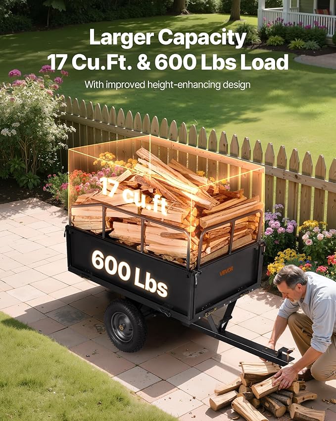 VEVOR Heavy Duty ATV Trailer Tow Behind Dump Cart, 17 Cu.Ft. 600lbs Capacity, Pull Behind Steel Yard Wagon Dump Trailer for Tractor Lawn Mower Garden with 16in Tires