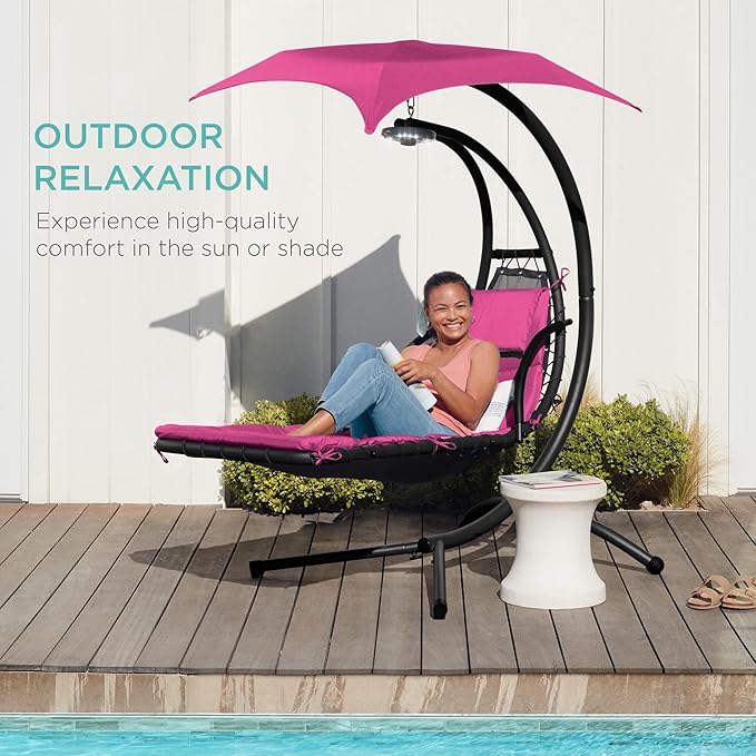 Best Choice Products Hanging LED-Lit Curved Chaise Lounge Chair Swing for Backyard, Patio, Lawn w/ 3 Light Settings, Weather-Resistant Pillow, Removable Canopy Shade, Steel Stand - Pink