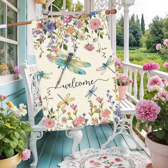 Spring Summer Dragonflies Wildflowers Welcome House Flag 28 x 40 Inch Double Sided, Watercolor Floral Large Yard Garden Flags Holiday Farmhouse Flags for Patio Outdoor Outside Decoration